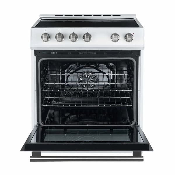 Front view of the Forno 30-inch electric range in white with the oven door open, revealing a spacious interior with multiple wire racks and a black enamel finish, designed for versatile cooking needs.