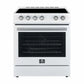 Front view of the Forno 30-inch electric range in a white finish, featuring a smooth ceramic glass cooktop, large oven window, and streamlined control knobs for a clean, contemporary look.