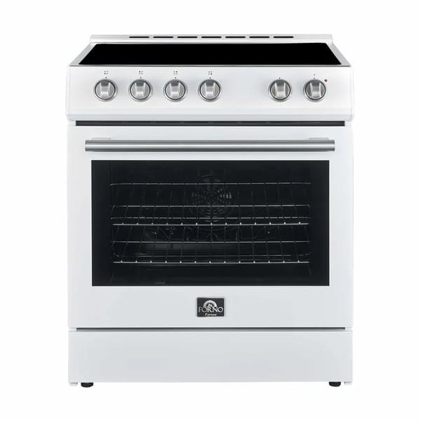 Front view of the Forno 30-inch electric range in a white finish, featuring a smooth ceramic glass cooktop, large oven window, and streamlined control knobs for a clean, contemporary look.