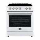 Front view of the Forno 30-inch electric range in a white finish, featuring a smooth ceramic glass cooktop, large oven window, and streamlined control knobs for a clean, contemporary look.