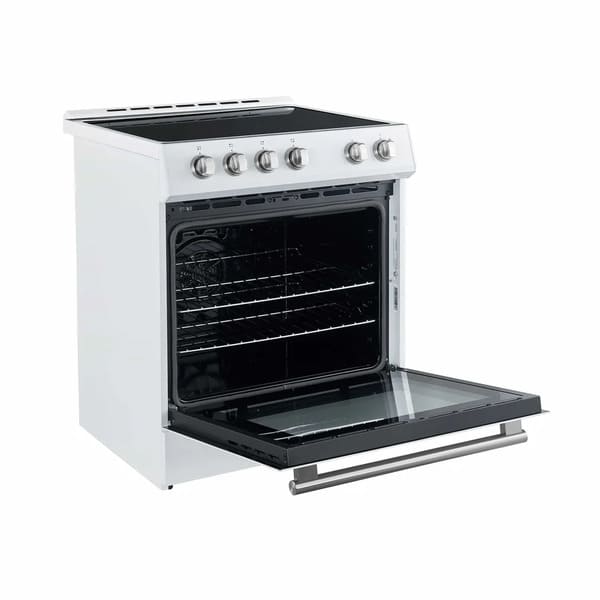 Left-angled view of the Forno 30-inch electric range in white with the oven door open, showcasing the spacious black interior, multiple rack positions, and sleek exterior design with modern control knobs.