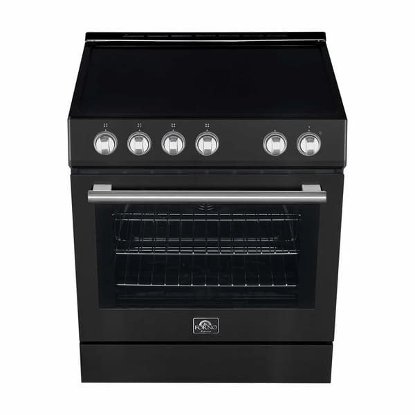 Top view of the FORNO 30-inch electric range, featuring a smooth ceramic glass cooktop with clearly marked heating zones and front-mounted control knobs for precise temperature control.
