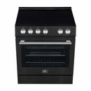 Top view of the FORNO 30-inch electric range, featuring a smooth ceramic glass cooktop with clearly marked heating zones and front-mounted control knobs for precise temperature control.