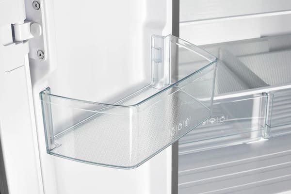 Close-up view of the interior door shelves in the FORNO 30-inch French door refrigerator from the 2-Piece Appliance Package, featuring multiple clear bins with varying heights—ideal for storing bottles, condiments, and small containers with easy access.