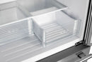 Close-up view of an open interior drawer in the FORNO 30-inch French door refrigerator from the 2-Piece Appliance Package, showcasing its transparent design, smooth-glide rails, and spacious compartment for organized food storage.