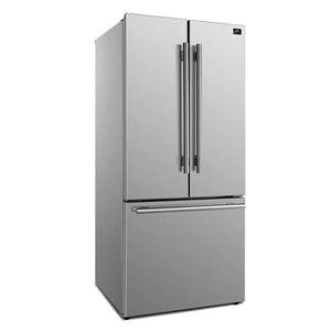 Front left angled view of the FORNO 30-inch French door refrigerator from the 2-Piece Appliance Package, showing its stainless steel finish, sleek vertical handles, double-door top section, and bottom freezer drawer—designed for style and efficient kitchen storage.