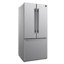 Front left angled view of the FORNO 30-inch French door refrigerator from the 2-Piece Appliance Package, showing its stainless steel finish, sleek vertical handles, double-door top section, and bottom freezer drawer—designed for style and efficient kitchen storage.