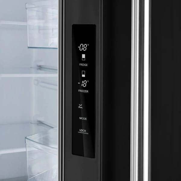 Close-up view of the control panel on the FORNO 30-inch French door refrigerator in black from the 2-Piece Appliance Package, featuring a digital display with touch controls for temperature settings, mode selection, and energy-efficient operation.