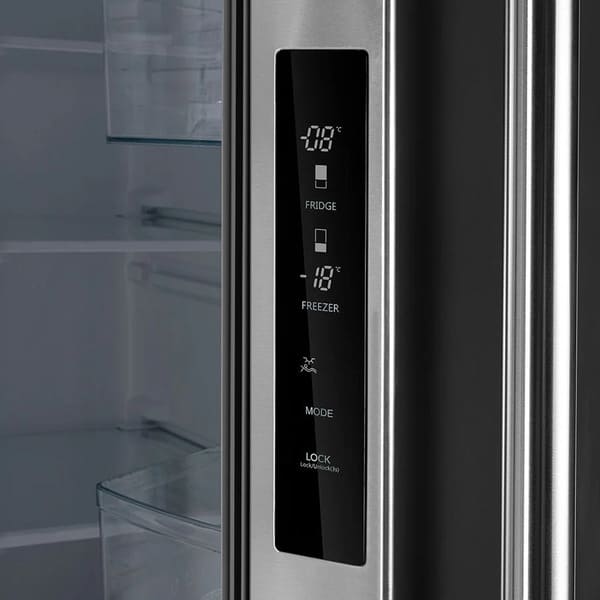 Close-up view of the digital control panel inside the Forno 30-inch French door refrigerator in stainless steel, featuring touch controls and LED display for adjusting temperature settings and managing cooling zones.