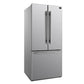 Front left angled view of the Forno 30-inch French door refrigerator in stainless steel, showcasing its sleek finish, dual French doors, and bottom freezer drawer in a compact, contemporary design.