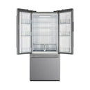 Front view of the Forno 30-inch French door refrigerator in stainless steel with both doors open, revealing a bright, organized interior with adjustable shelves, clear door bins, and dual crisper drawers for efficient food storage.