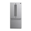 Front view of the Forno 30-inch French door refrigerator in stainless steel, featuring sleek double doors, a bottom freezer drawer, and minimalist handles for a modern, streamlined kitchen aesthetic.