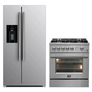 FORNO 2-piece appliance package featuring a 30-inch gas range and a 36-inch refrigerator with water dispenser, both in stainless steel, offering a coordinated and modern kitchen design.