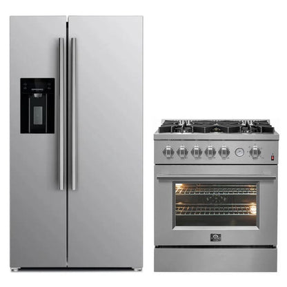 FORNO 2-piece appliance package featuring a 30-inch gas range and a 36-inch refrigerator with water dispenser, both in stainless steel, offering a coordinated and modern kitchen design.