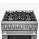 Top-down view of the cooktop on the FORNO 30-inch gas range from the 2-Piece Appliance Package, featuring four sealed burners with durable cast iron grates and a stainless steel surface—designed for precise heat control and everyday cooking performance