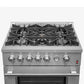 Top-down view of the cooktop on the FORNO 30-inch gas range from the 2-Piece Appliance Package, featuring four sealed burners with durable cast iron grates and a stainless steel surface—designed for precise heat control and everyday cooking performance