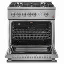 Front view of the FORNO 30-inch gas range from the 2-Piece Appliance Package with the oven door open, revealing a spacious stainless steel oven cavity, multiple rack positions, and interior lighting—designed for versatile, high-performance baking and roasting.