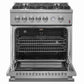 Front view of the FORNO 30-inch gas range from the 2-Piece Appliance Package with the oven door open, revealing a spacious stainless steel oven cavity, multiple rack positions, and interior lighting—designed for versatile, high-performance baking and roasting.