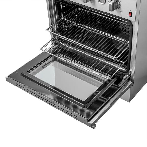 Close-up right angled view of the FORNO 30-inch gas range from the 2-Piece Appliance Package with the oven door open, showcasing the stainless steel interior, oven rack guides, and door hinge design—emphasizing build quality and convenient access for baking and roasting.