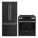  FORNO 2-piece appliance package featuring a 30-Inch Induction Range and a 30-Inch French Door Refrigerator in Black, displayed together with matching black finishes for a sleek and cohesive modern kitchen design.