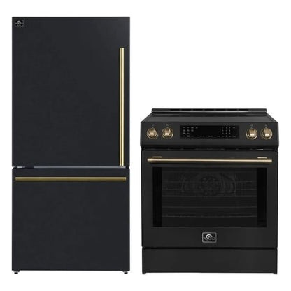 FORNO 2-piece appliance package featuring a 30-Inch Induction Range and a 31-Inch Bottom Freezer Door Refrigerator in Black, shown together with matching modern finishes for a cohesive kitchen design.