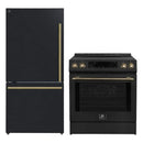 FORNO 2-piece appliance package featuring a 30-Inch Induction Range and a 31-Inch Bottom Freezer Door Refrigerator in Black, shown together with matching modern finishes for a cohesive kitchen design.