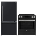 FORNO 2-piece appliance package featuring a 30-Inch Induction Range and a 31-Inch Right-Hinge Refrigerator in Black, shown together with matching finishes for a cohesive, modern kitchen design.