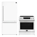 FORNO 2-piece appliance package featuring a 30-inch induction range and a 31-inch right-hinge refrigerator in a sleek white finish, offering a modern and cohesive kitchen setup.