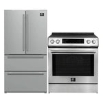 FORNO 2-piece appliance package featuring a 30-inch induction range and a 36-inch French door refrigerator in stainless steel, offering a sleek and energy-efficient kitchen setup with modern design and spacious storage.