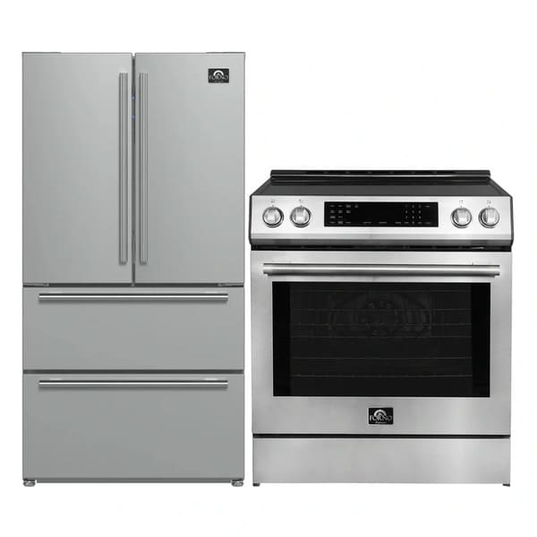 FORNO 2-piece appliance package featuring a 30-inch induction range and a 36-inch French door refrigerator in stainless steel, offering a sleek and energy-efficient kitchen setup with modern design and spacious storage.