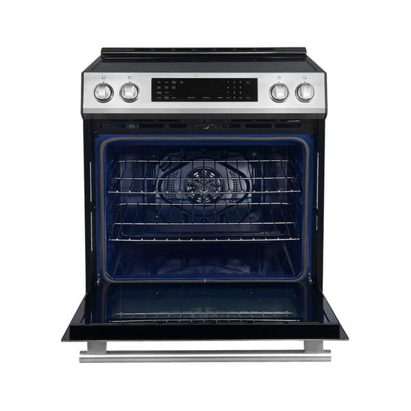 Front view of the FORNO 30-inch induction range in stainless steel with the oven door open, revealing the spacious interior, oven racks, and bright interior lighting.
