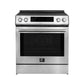 Front view of the FORNO 30-inch induction range in stainless steel, featuring a smooth glass cooktop, digital control panel, and a large oven door with a viewing window.