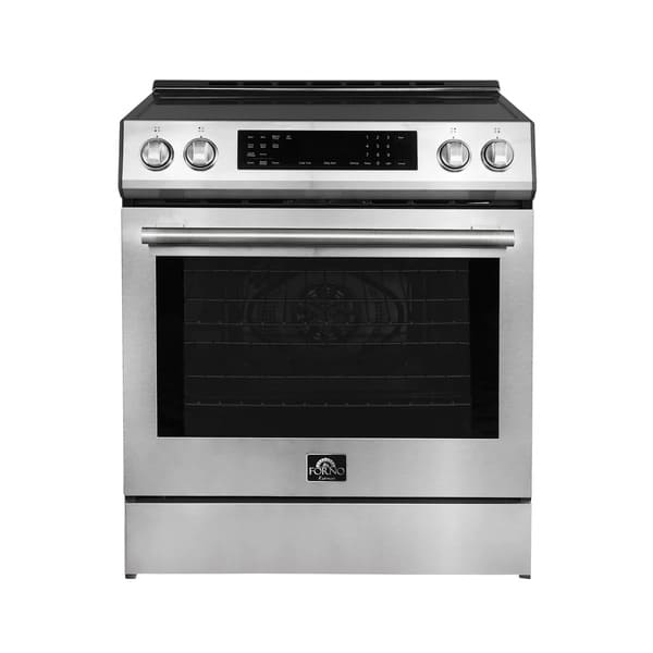 Front view of the FORNO 30-inch induction range in stainless steel, featuring a smooth glass cooktop, digital control panel, and a large oven door with a viewing window.