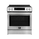 Front view of the FORNO 30-inch induction range in stainless steel, featuring a smooth glass cooktop, digital control panel, and a large oven door with a viewing window.