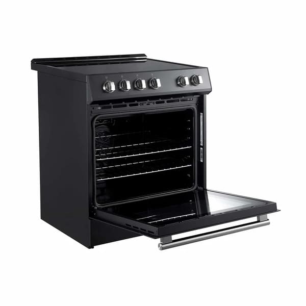 Left-angled view of the Forno 30-inch Leonardo electric range with the oven door open, showcasing the black interior, multiple rack positions, and stylish black finish with antique brass accents.