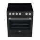Top view of the Forno 30-inch Leonardo electric range, highlighting the smooth black ceramic glass cooktop with four radiant heating elements and clearly marked control zones.