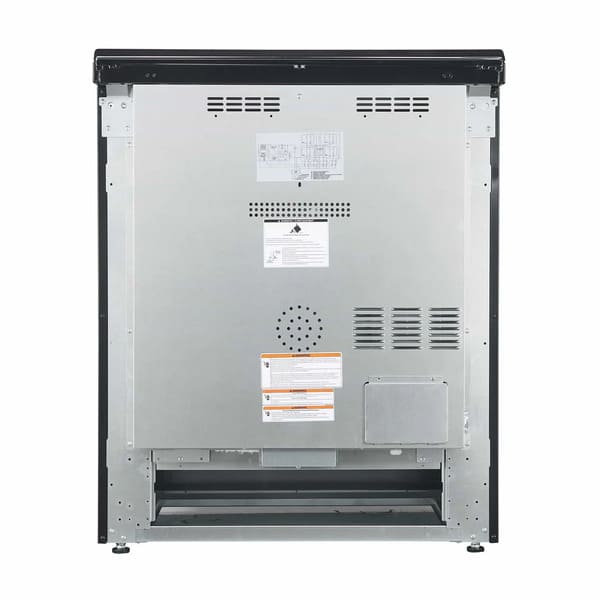 Rear view of the Forno 30-inch Leonardo Espresso electric range, featuring a durable black metal back panel with visible ventilation slots, power cord connection, and safety labeling.