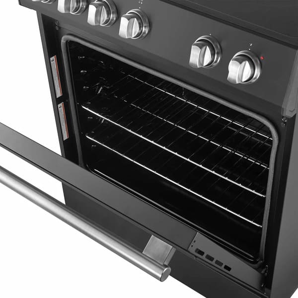 Close-up view of the oven door on the Forno 30-inch Leonardo Espresso electric range, showcasing a large glass window, black finish, and antique brass handle for a stylish and functional design.