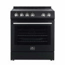 Front view of the Forno 30-inch Leonardo Espresso electric range, showcasing a sleek black finish, a large oven window, and a smooth ceramic glass cooktop.