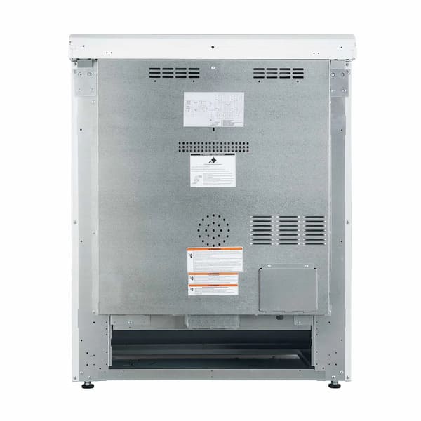 Rear view of the Forno 30-inch Leonardo Espresso electric range in white, featuring a solid metal back panel with ventilation slots, power cord connection, and safety labeling for installation readiness.