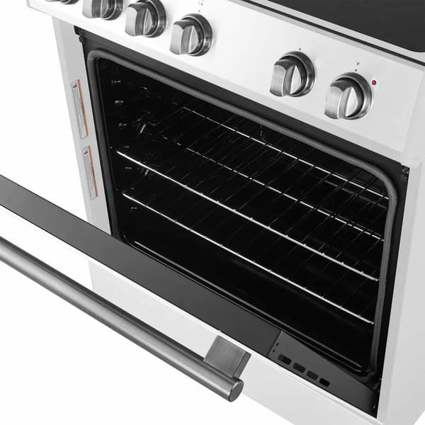 Close-up view of the oven door on the Forno 30-inch Leonardo Espresso electric range in white, featuring a large glass viewing window and an antique brass handle that adds a classic touch to the modern design.