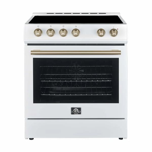 Front view of the Forno 30-inch Leonardo Espresso electric range in a white finish with antique brass knobs, handle, and trim, showcasing a vintage-inspired yet modern design with a large oven window and sleek cooktop.