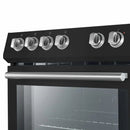 Close-up of the control knobs on the Forno 30-inch Leonardo Espresso electric range, featuring antique brass finish with textured grips and clearly marked settings for precise temperature control.