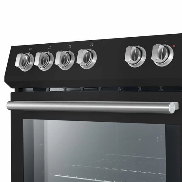 Close-up of the control knobs on the Forno 30-inch Leonardo Espresso electric range, featuring antique brass finish with textured grips and clearly marked settings for precise temperature control.