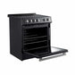 Left-angled view of the Forno 30-inch Leonardo Espresso electric range with the oven door open, showcasing the black enamel interior, multiple wire racks, and elegant antique brass detailing on the knobs and handle.