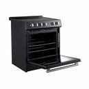 Left-angled view of the Forno 30-inch Leonardo Espresso electric range with the oven door open, showcasing the black enamel interior, multiple wire racks, and elegant antique brass detailing on the knobs and handle.