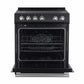 Front view of the Forno 30-inch Leonardo Espresso electric range with the oven door open, revealing a spacious black enamel interior with multiple rack positions and a large viewing window, accented by antique brass hardware.