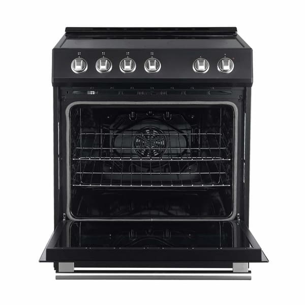 Front view of the Forno 30-inch Leonardo Espresso electric range with the oven door open, revealing a spacious black enamel interior with multiple rack positions and a large viewing window, accented by antique brass hardware.