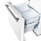 Front view of the Forno 30-inch refrigerator in white with the bottom freezer drawer open, revealing spacious compartments for frozen food storage and organized sliding bins.