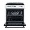 Front view of the Forno 30-inch Leonardo electric range with the oven door open, highlighting the antique brass handle and knobs, spacious black enamel interior, and multiple rack positions for versatile cooking.